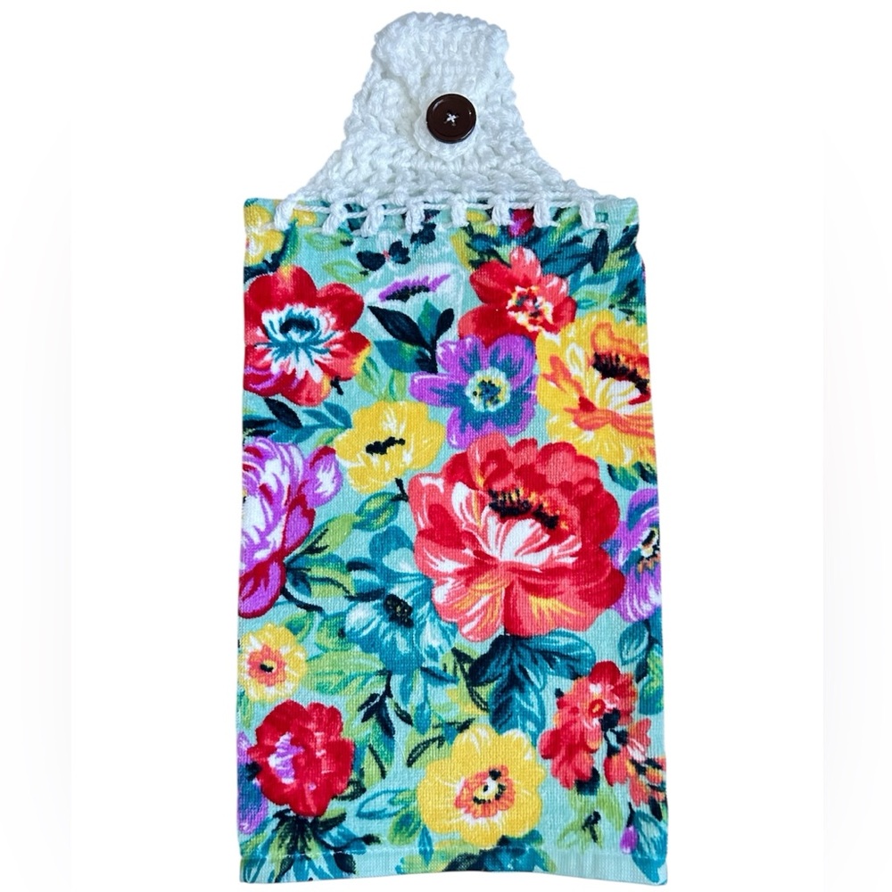 Hand Crafted Colorful Floral Hanging Kitchen Hand Towel with Button Closure